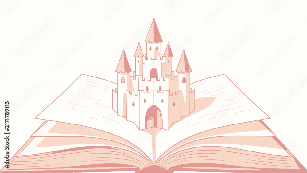Obraz premium Pastel Pop-Up Castle Emerging from Open Storybook Pages in Soft Pink and Cream Tones