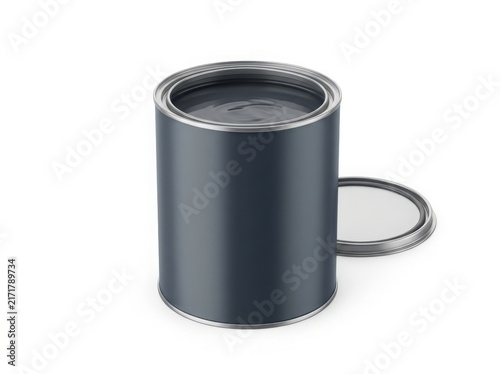 Navy blue paint can with open lid on white background. Professional metal bucket mockup with dark gray liquid. 3D render for home renovation, interior design, and construction branding