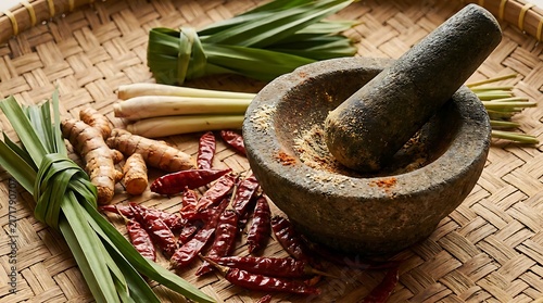 Traditional Stone Mortar and Pestle with Fresh Southeast Asian Spices on Woven Bamboo Tray