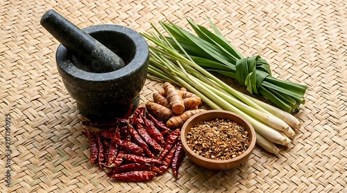 Traditional Asian Spices with Mortar and Pestle on Woven Mat Background