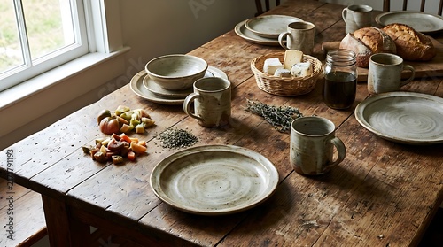 Rustic Wooden Table Set with Handmade Ceramic Tableware and Artisanal Food
