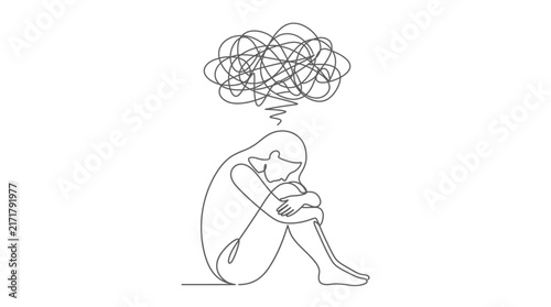 Foto A minimalist line drawing depicts a person curled up in a fetal position, symbolizing mental distress and overwhelming thoughts