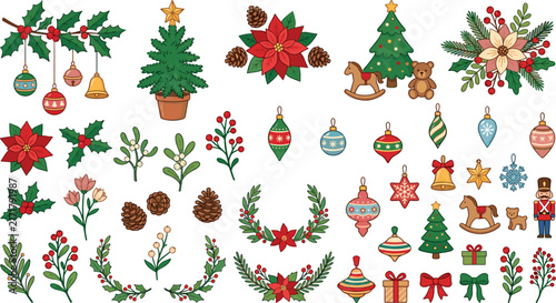 Merry Christmas and Winter Holiday Vector Illustration Element Set with Christmas Trees Poinsettia Flowers Hanging Baubles Wreaths and Festive Ornaments