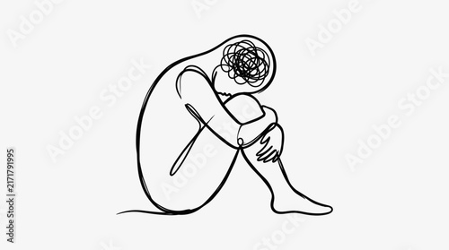 Obraz na plátne A minimalist line drawing depicts a person curled up in a fetal position, symbolizing mental distress and inner turmoil