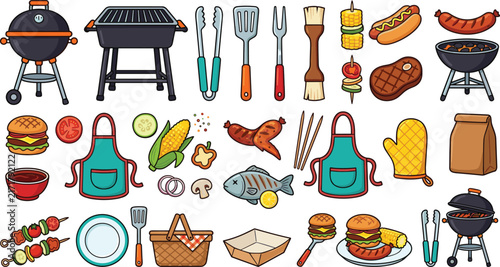Barbecue Grill Party and Summer Picnic Food Vector Line Icon Set with Charcoal Kettle Bbq Steak Burgers Hot Dogs and Grilling Tools