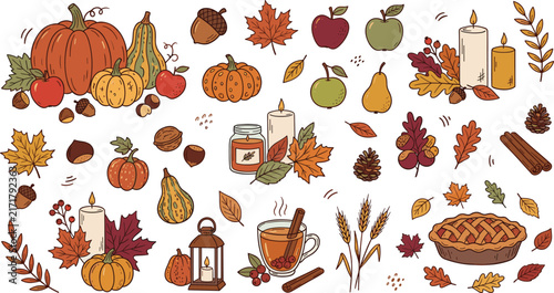 Hand Drawn Autumn Season and Thanksgiving Harvest Vector Doodle Element Set with Pumpkins Pie Apple Cider Candles and Fall Foliage Arrangements
