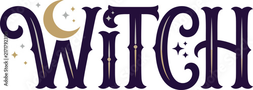 Witch typography design with crescent moon on transparent background
