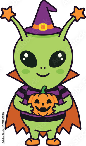 Cute alien character wearing a witch hat with character dressed costume on transparent background