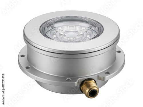 LED inground uplight fixture for outdoor architectural lighting. Waterproof stainless steel housing with brass cable gland. Technical equipment shot for commercial catalog use