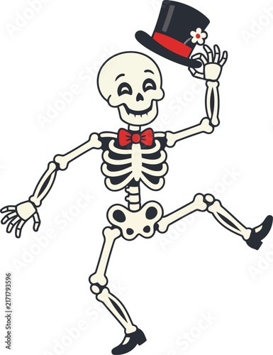 Dancing skeleton wearing a top hat and bowtie on transparent background