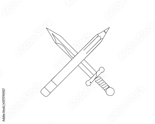 Bild auf Leinwand Crossed pencil and sword illustration, symbolizing the intersection of creativity and strength