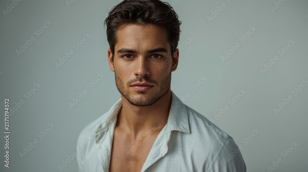 Obraz premium Athletic man portrait with sculpted jawline and confident expression