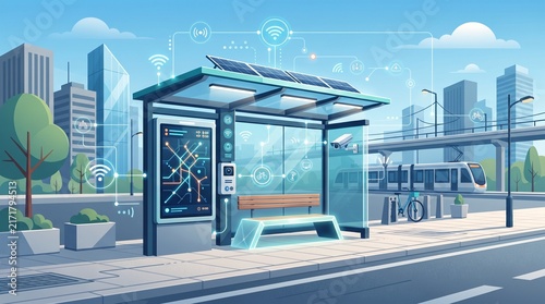 Connected Smart Bus Stop with Digital Sensors Wireless Network and Transit Information, flat illustration for IoT mobility, urban technology and public transport.