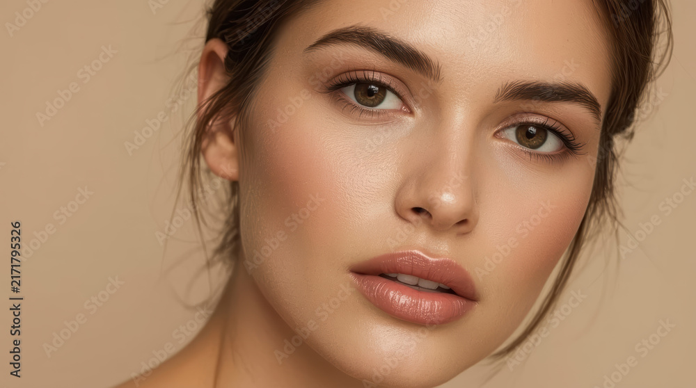 Fototapeta premium Portrait of young woman with glossy lips and soft eyes showing calm expression in warm light