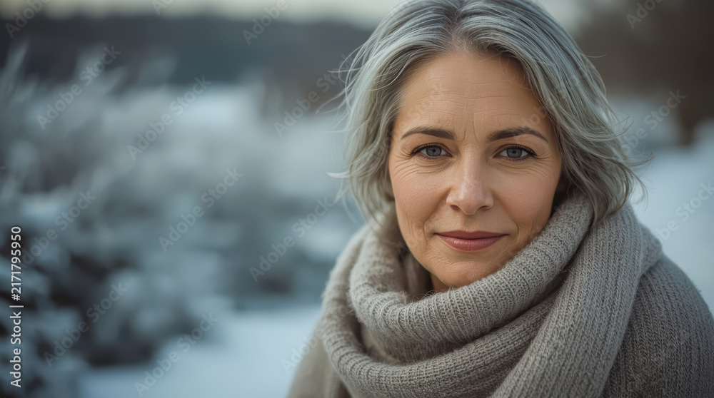 Fototapeta premium Senior woman winter portrait gray hair knitted scarf calm expression