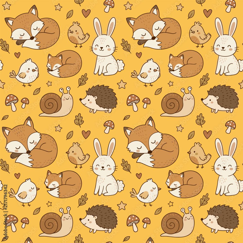 Fototapeta premium Seamless Cute Woodland Animal Pattern with Sleeping Fox, Rabbit, and Hedgehog on Yellow Background