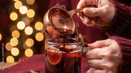 Person pouring mulled wine into a mug with spices and lights  