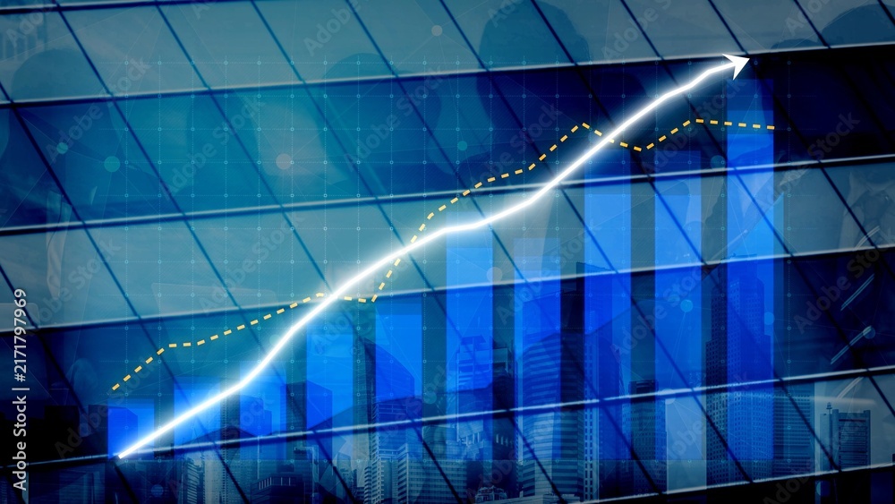 Obraz premium This image showcases an abstract business graph featuring an upward trend line, symbolizing growth and success, set against a backdrop of glass buildings in an urban environment. Copula