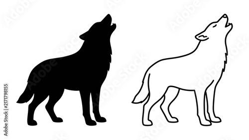 Foto Wolf Howling Silhouette: A striking black silhouette of a wolf stands in profile, head tilted back and mouth open in a powerful howl, contrasted with a white outline drawing of the same pose