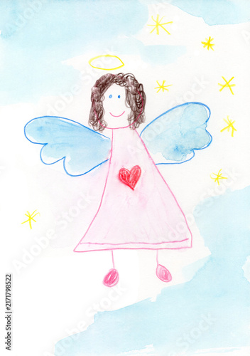 Child drawing depicts a cheerful guardian angel with a red heart