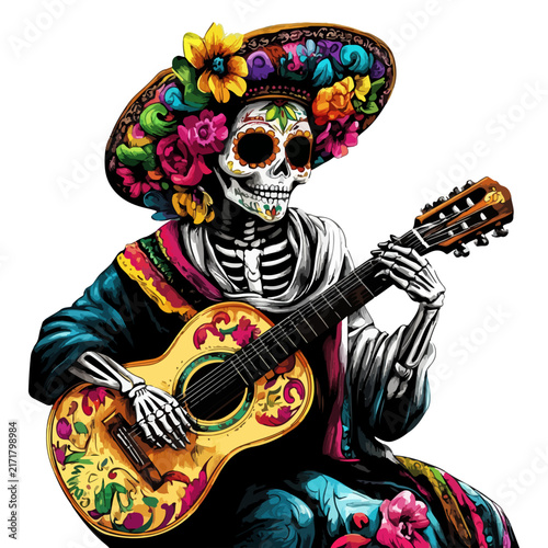 playing guitar, day of the dead, festival, vector, transparent background, guitar, playing, instrument, fun