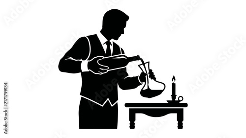 Foto Sommelier's Skill: A silhouette of a sommelier in formal attire carefully decants red wine from a bottle into a decanter, illuminated by the soft flicker of a candle
