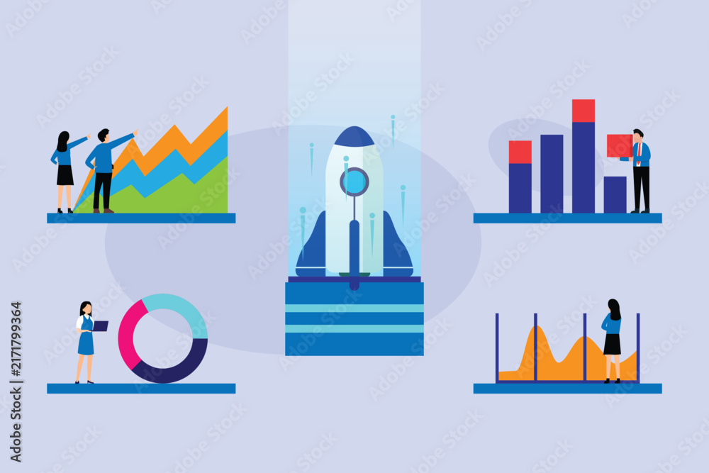 Fototapeta premium Business Startup Launch and Financial Data Analysis Concept 2d flat vector illustration