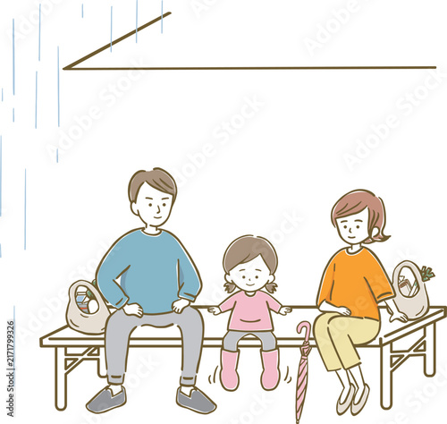 買い物帰りにベンチに座って雨宿りをする3人家族(女の子)