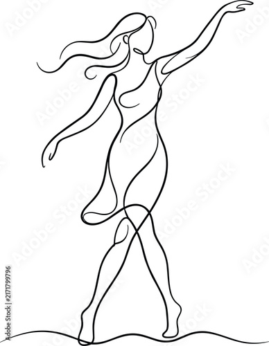 Elegant continuous line drawing of graceful dancing woman in flowing dress minimalist artwork