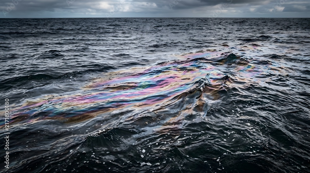Naklejka premium Oil slick floating on dark ocean water under cloudy sky
