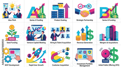 Business venture capital icon set. Colorful vector illustrations for startup, fundraising, and financial growth. 18 business symbols for presentation, web