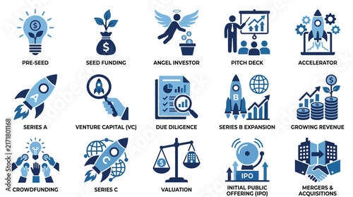 Startup icon set, blue flat design, 24 financial symbols, pitch deck, venture capital, IPO, seed funding, acceleration, investment, stock illustration isolated on White Background