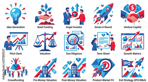 Startup venture capital set, business growth and investment illustration, series round and funding icons, crowdfunding and pitch deck vector graphics