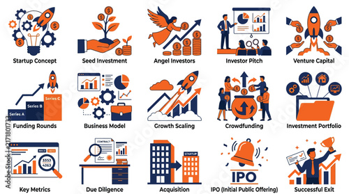 Startup Growth Vector Set, Venture Capital and Seed Investment Illustrations, Financing and IPO Graphic Elements isolated on White Background
