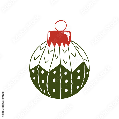 Christmas tree ornament in simple hand drawn style. Vintage ball art with festive colors for Holiday celebration. Vector whimsical illustration for cards, packaging, sticker isolated on white