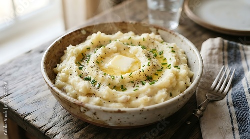 Creamy mashed potatoes with melted butter and fresh green herbs served in a rustic ceramic bowl on wooden table