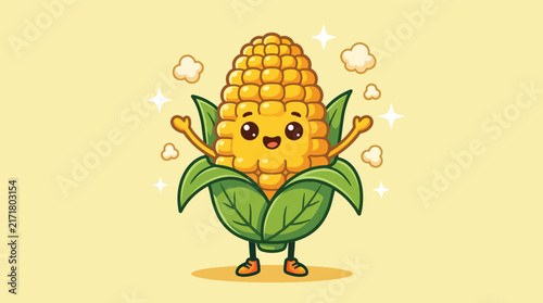 Cute cartoon corn on the cob character with a happy face and arms raised.