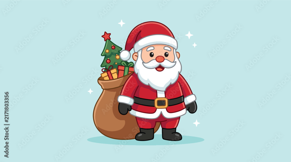 Fototapeta premium Cute Cartoon Santa Claus with Gift Bag and Christmas Tree Illustration.