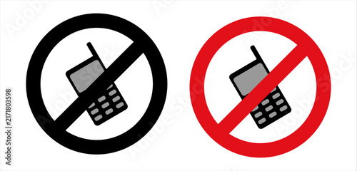 No mobile phone signs in black and red with crossed cellphone symbols. Prohibition icons for safety rules and restricted areas.