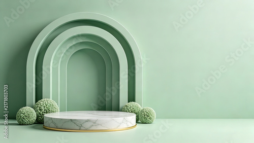 Mint green arched marble podium,3d cosmetic product display scene