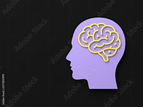 Purple head silhouette with a yellow brain icon suitable for mental health and neuroscience media symbolizing intelligence and cognitive processes