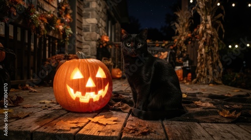 Mysterious black cat beside glowing jack o lantern on rustic deck at night with illuminated pumpkin weathered wooden deck surrounded autumnal decorations under nighttime lighting