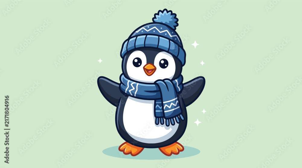 Obraz premium Adorable cartoon penguin character wearing blue knitted winter hat and scarf illustration.
