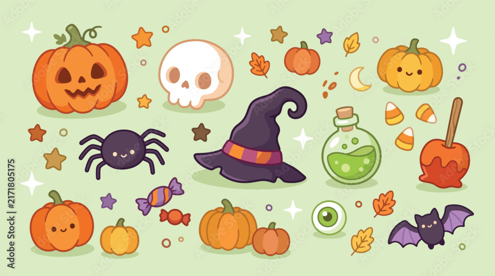 Fototapeta premium Cute Kawaii Halloween Elements Collection.