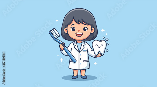 Cute girl dentist holding a large toothbrush and a smiling tooth mascot cartoon illustration for dental health education.