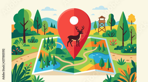 Folded map with deer icon and red location pin.