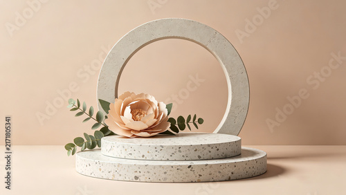 Neutral beige terrazzo product stand with peony flower 3D render