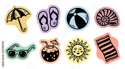 Summer vacation doodle vector illustration set showing cute colorful beach accessories and tropical travel holiday icons