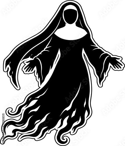 Canvas Print Dark ghostly nun spirit silhouette with flowing robes and ethereal veil perfect for halloween horror designs