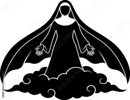 Canvas Print Ghostly nun figure floating over dark mystic clouds in silhouette style for halloween posters and branding